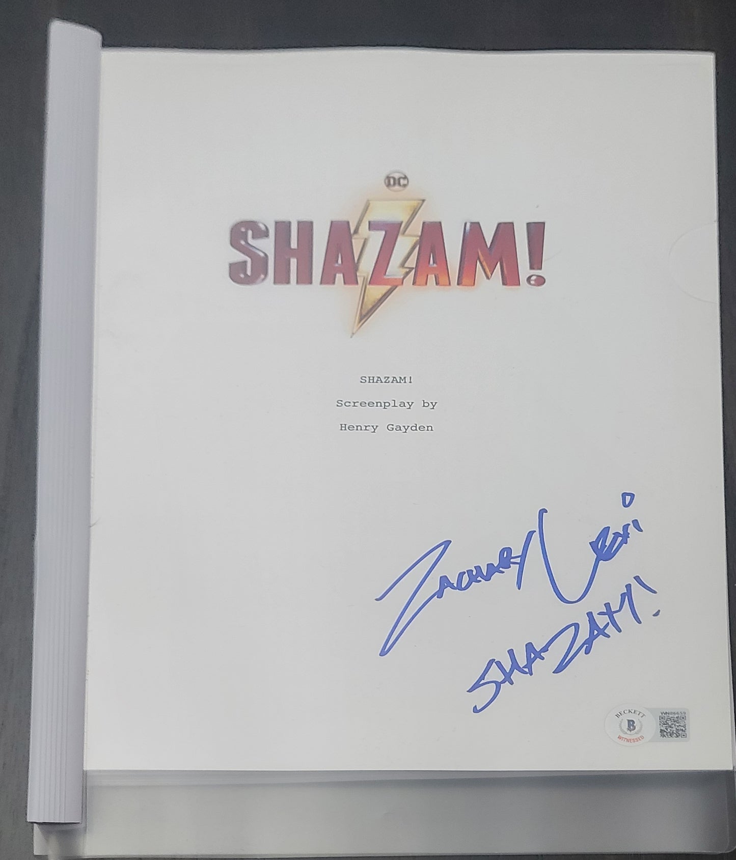 Shazam Script Autographed Zachary Levi Beckett COA